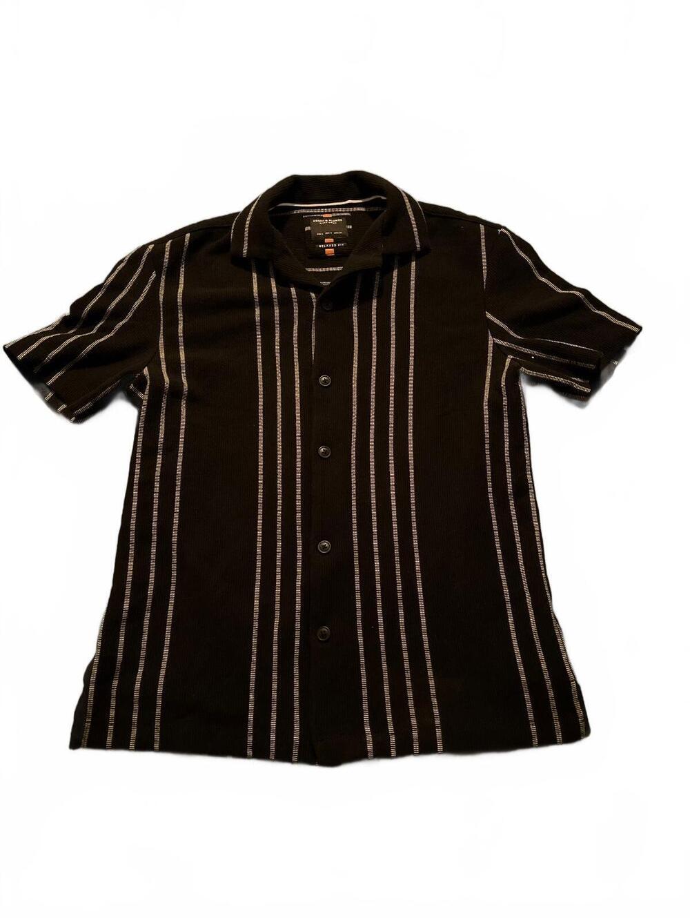 Denim & Flower Men's Black and Cream Relaxed Fit Button-Up Shirt, Size S